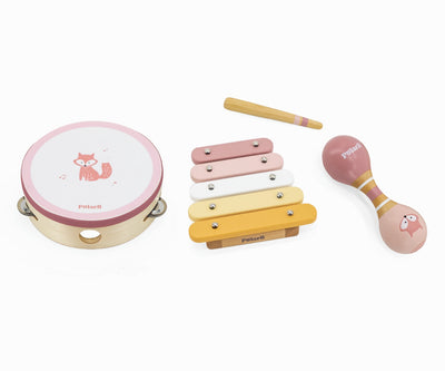 Viga 44214 -musiikkisetti, jossa puinen maraca ja tamppi, koristeltu karhukuvioilla.
