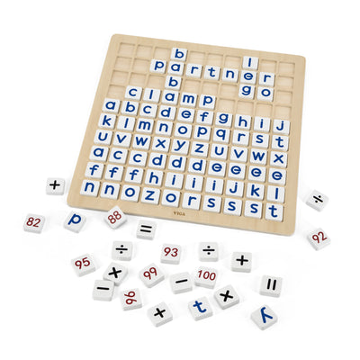 Viga 44510 -niminen opetustaulu, jossa on matematiikan ja aakkosten opettelua helpottavat kuvakkeet ja tekstit. Taulussa on selkeä rakenne ja värikkäät kuvat.