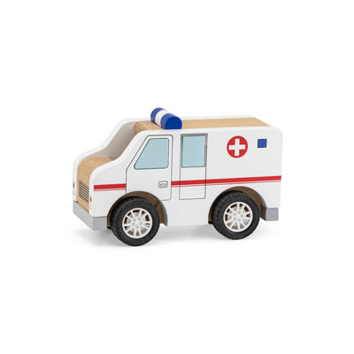 Puinen leikkiauto, joka esittää ambulanssia.
