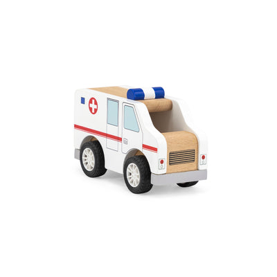 Puinen leikkiauto, joka muistuttaa ambulanssia. Tuotteessa on punaiset ja valkoiset värit sekä pyörät.