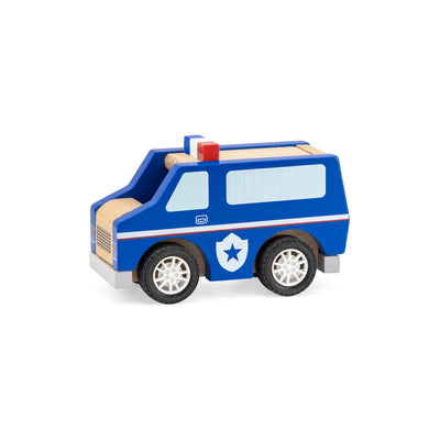 Puinen leikkiauto poliisiautona, jossa on sinivalkoiset raidat ja poliisiauton merkit.