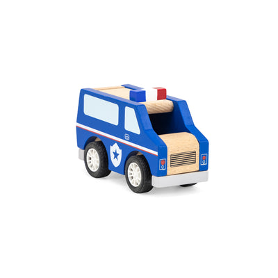 Puinen leikkiauto poliisiauton muodossa.