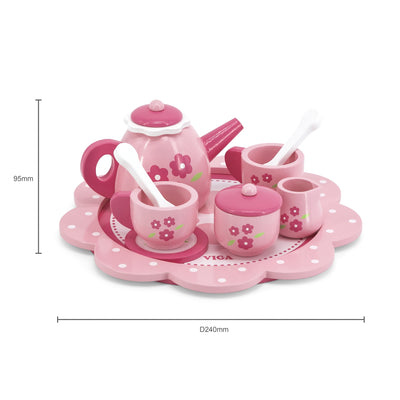 Pinkki kukka-aiheinen tee- ja kahvisetti, jossa kannu, kupit ja tarjotin.