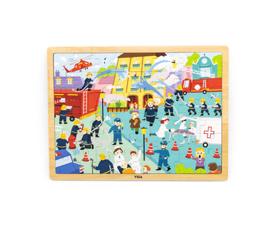 Puzzle-tuote 48 palalla, jossa kuvioina palomiehen työtehtäviä.