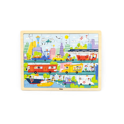 Puzzle, jossa on 48 osaa ja kaupunkiliikenteen kulkuneuvoja, kuten autoja ja busseja.