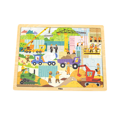 Puzzle-tuote, jossa on 48 palaa. Kuvassa on erilaisia rakennuskoneita, kuten kaivinkone, traktori ja nosturi.