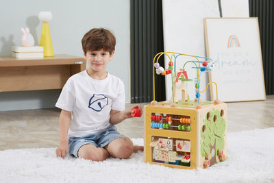 Viga 44591 -kostka edukacyjna 5w1 -peli, jossa on tilallinen labyrintti.