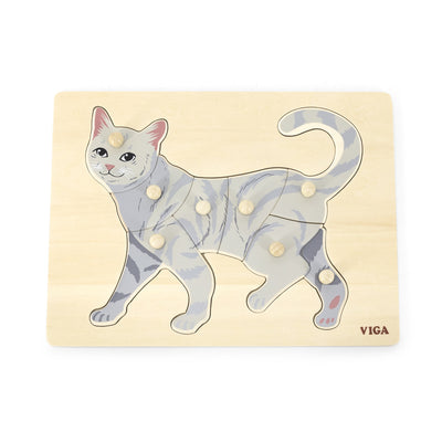 Puinen kissapeli, jossa on kahvat ja pohja puzzle-alustana.