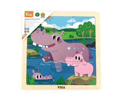 Puzzle-peli, jossa on yhdeksän osaa ja hipopotaami-aihe.
