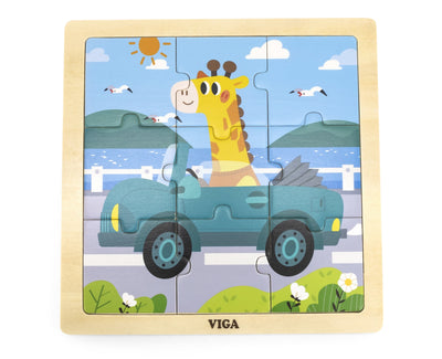 Puzzle-autolelu, jossa yhdeksän palaa, kuvassa on auto ja maisema.
