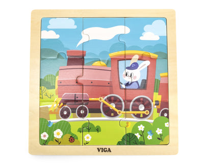 Puzzlena, jossa on 9 osaa, on kuvattu juna matkalla raiteilla.