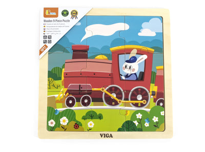 Puzzle-tuote, jossa on 9 palaa. Kuvassa on juna-aiheinen palapeli, jonka palat ovat eri värejä ja muotoja.