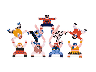Viga Circus Skill Game -tasapainolelu, jossa on sirkusteemainen kuvitus.