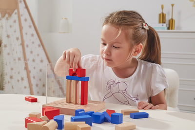 Viga 44659 - Gra Edukacyjna Budowanie 3D -pelin kuva, jossa on erilaisia puupalikoita ja muita rakennuselementtejä.