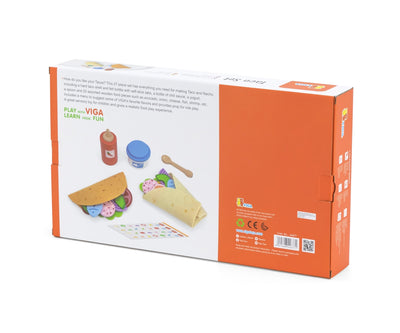 Viga 44677 -tacojen valmistussetti, joka sisältää tacos-astiat, kauhan, haarukan ja pihdit.