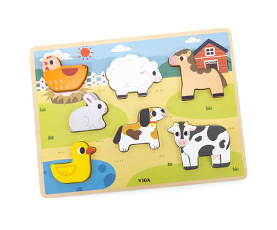 Puzzle-tuote, jossa on 7 maatilaelementtiä, kuten eläimiä ja traktori.