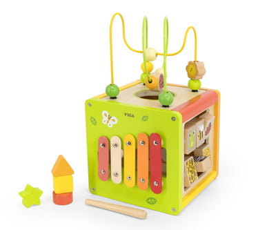 Viga-44716-kostka edukacyjna 5w1, jossa on labiryntheja ja symbaalit.