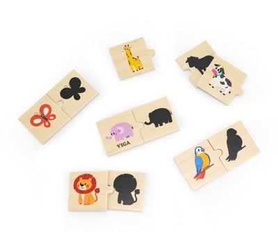 Viga 44747 -puzzlesetti, jossa on kaksi puupuzzlen palaa: toisessa on varjokuvio ja toisessa vastaava värillinen pala.