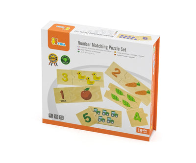 Viga 44748 -puzzlesetti, jossa on numeroilla varustettuja paloja ja puinen teline.