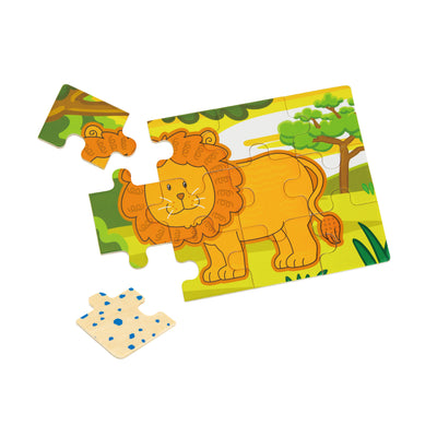 Puzzlesetti, jossa safari-teemaisia palapelejä eri eläinkuvilla.