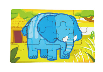 Puzzlesetti, jossa on safari-teemaisia kuvia, kuten eläimiä ja maisemia.