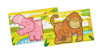 Puzzlet, joissa on safari-teemainen kuva, sisältävät erilaisia eläimiä ja maisemia.
