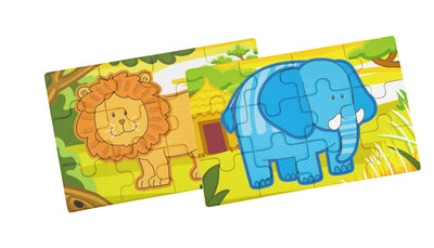 Puzzlet, joissa on safari-teema, sisältävät erilaisia eläinkuvia.