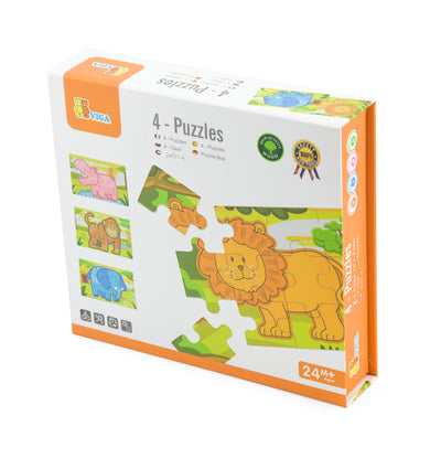 Puzzlesetti, jossa on safari-teemaisia palapelin osia. Palapelin osat kuvastavat erilaisia eläimiä, kuten seepra, leijona ja norsu.