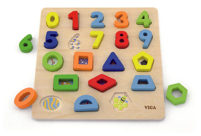Puzzle Sorter -lajittelija, joka sisältää erilaisia muotoja ja numeroita, kuten ympyröitä, neliöitä ja kolmioita.
