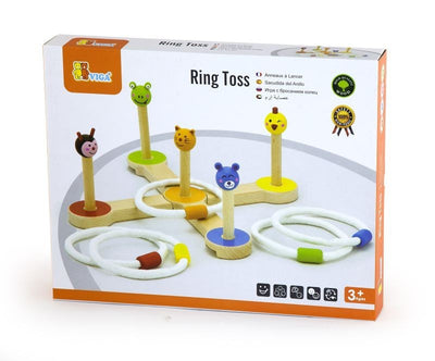 Vigatoysin 50174 Ring Toss Animals -peli, jossa puukepit ja eläinmuotoiset renkaat.