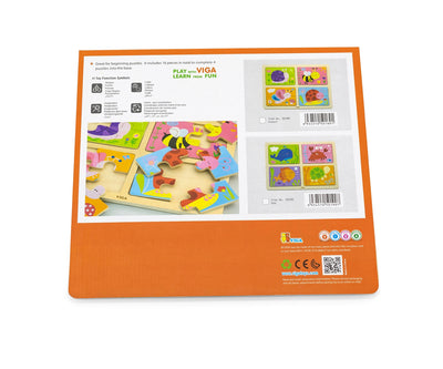 Puzzle-pakkaus, jossa neljä erilaista meriteemalla varustettua palapeliä ja alusta.