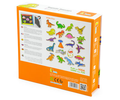 Kuvassa on 20-osainen Viga 50289 magneettinen dinosaurussarja. Tuotteessa on erilaisia värillisiä ja muotoisia dinosaurusfiguureja, jotka kiinnittyvät magneettien avulla toisiinsa.