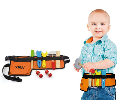 Oranssi ja musta Viga työkaluvyö, jossa useita taskuja erilaisille työkaluille. Vahva ja kestävä materiaali.