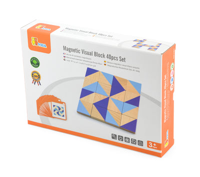 Viga 50642 magneettinen mosaiikkirakennussarja, jossa erilaisia värillisiä paloja ja magneettilevyjä.