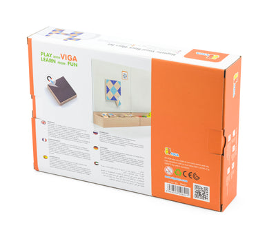Viga 50642 -magneettinen mozaikkipalapeli, jossa erivärisiä paloja muodostamassa kuvioita.