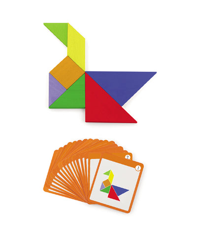Viga 50643 -magneettinen tangram-palapeli, jossa eri värisiä ja muotoisia paloja.