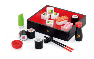 Viga 50689 sushisetti, johon kuuluu lautanen, soijakulho, syömäpuikot ja wasabitikku.