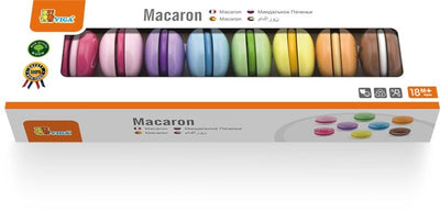 Viga 50807 -leikkiruoka macaron-leivoksella. Leikkiruoka muovista, jäljittelee todellisia macaron-leivoksia. Värikäs ja realistisen näköinen leikkiruoka lapsille.