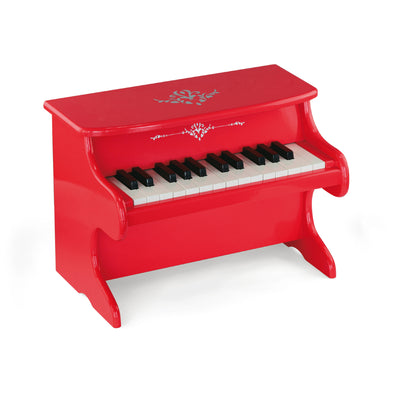 Punainen lasten ensimmäinen pianolelu, jossa on näppäimistö ja penkki.