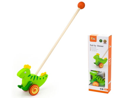 Puinen lelu dinosaurus, jossa on kirkkaat värit ja pyörivät renkaat.