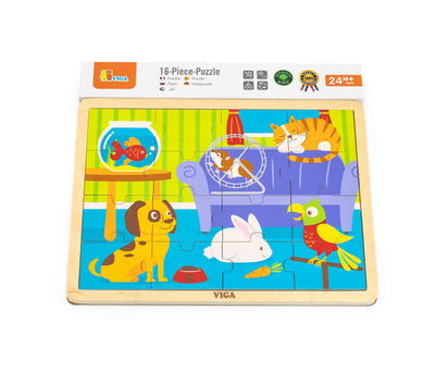 Puzzle-tuote, jossa on 16 palaa ja kotieläinaihe.