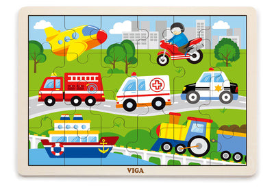 Pehmeäpintainen 24 palan palapeli, jossa on kuvioituja ajoneuvoja kaupunkimaisemassa.