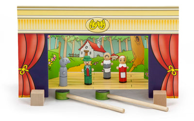 Viga 56005 Magnetic Theatre -leikkisetti, jossa on pieni teatterilava, nukkeja ja rekvisiittaa.