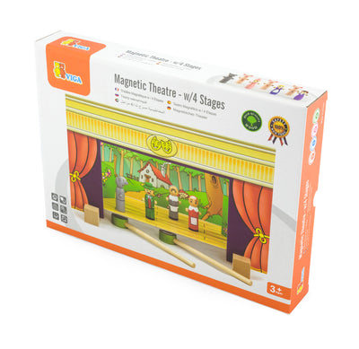 Viga 56005 Magnetic Theatre -nukketeatteri, jossa on värikkäitä ja monipuolisia magneettiosia. Tuote sisältää kulissit, hahmot ja tarvikkeet lapsen luovalle leikille.
