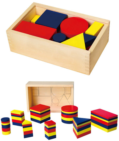 Viga 56164 Logic Blocks -peli, jossa erivärisiä ja -muotoisia puupalikoita.