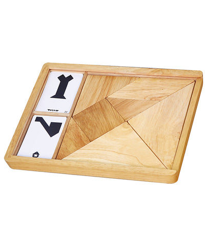 Viga 56301 -puinen tangram-palapelisetti, jossa on eri muotoisia paloja eri väreissä.