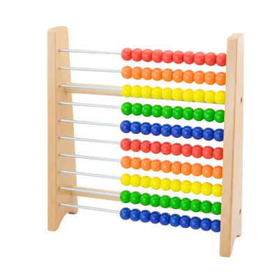 Puinen abakus, jossa on eri värisiä ja kokoisia puuhelmiä. Helmillä voi laskea ja harjoitella matematiikkaa.