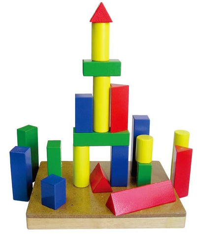 Puinen muotojen ja sekvenssien palapeli, joka sisältää erilaisia geometrisiä muotoja ja värejä. Jokainen pala sopii vain yhteen tiettyyn paikkaan.