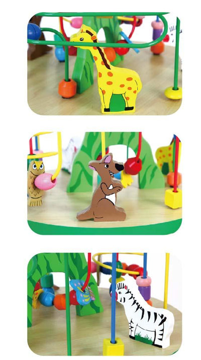 Punainen puinen pöytä, jossa on langasta punotut jalat.