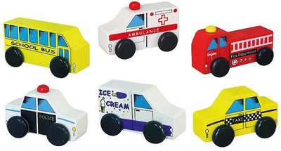 Kuva Viga 59506 -kaupunkiajoneuvoista: kuva, jossa on kuusi erilaista puuleluautoa, kuten paloauto, poliisiauto, ja ambulanssi.